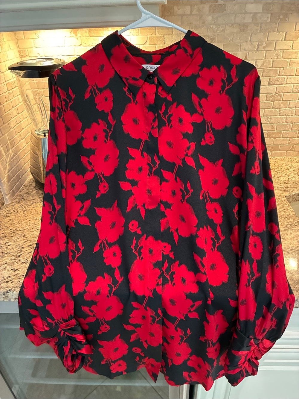 Chico's Black Button-Down Tunic length Blouse with Black & Red Floral Print